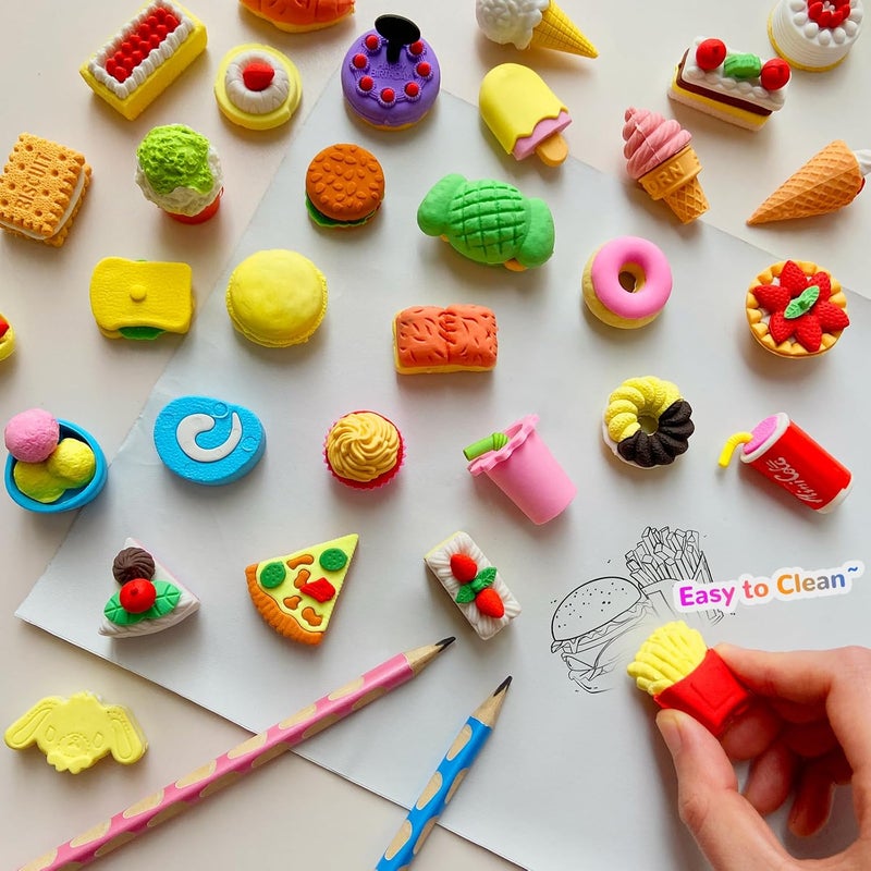 Kaemi 32 Pcs Food Erasers Desk Pets for Kids Classroom Prizes Fun Cool 3D Donut Puzzle Erasers Bulk Mini Cute Pencil Eraser Pals Toys for Party Favors Treasure Box Goodie Bag Stuffers - Image 2